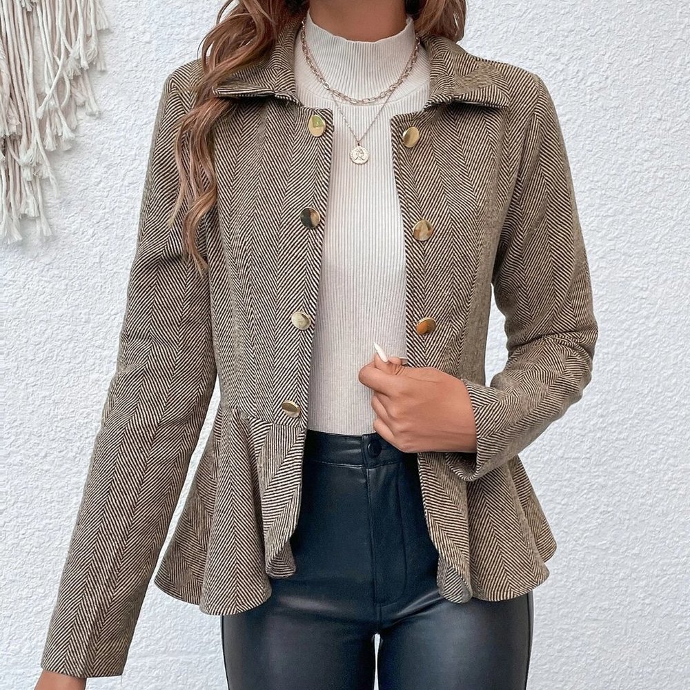 Brown Preppy Womens Herringbone Peplum Hem Coat - Picture 5 of 5